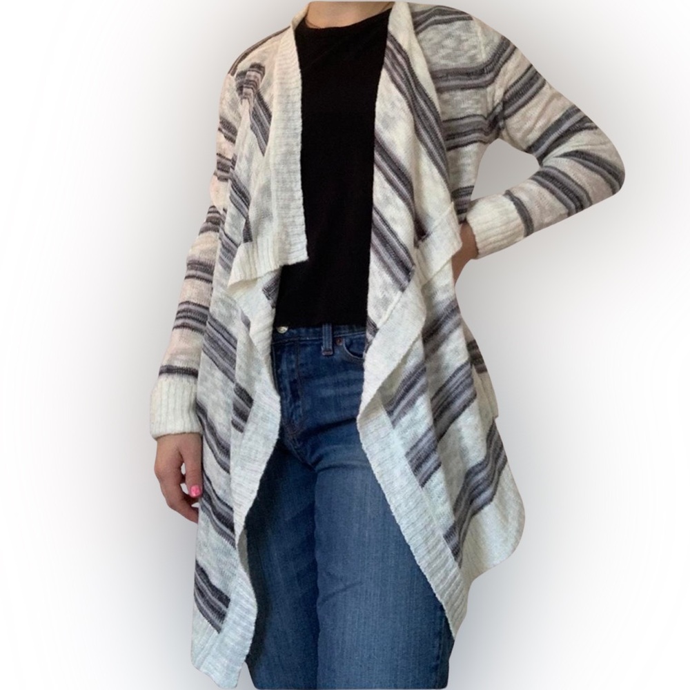 Pink Republic Blue and White Striped Draped Knit Waterfall Cardigan Size Large